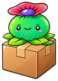 The Avalon Magic Plants mascot, a smiling green plant with a red flower, sitting on a parcel